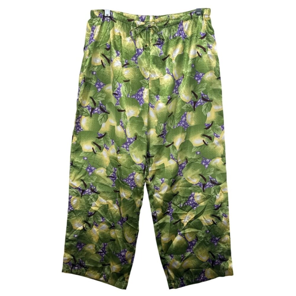 Soft Sensations Womens PJ Pants Sz L Green Purple Apples Grapes LoungeWear Satin
